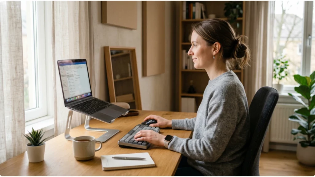 Ergonomic desk with monitor at eye level, keyboard in a neutral position, and side window lighting